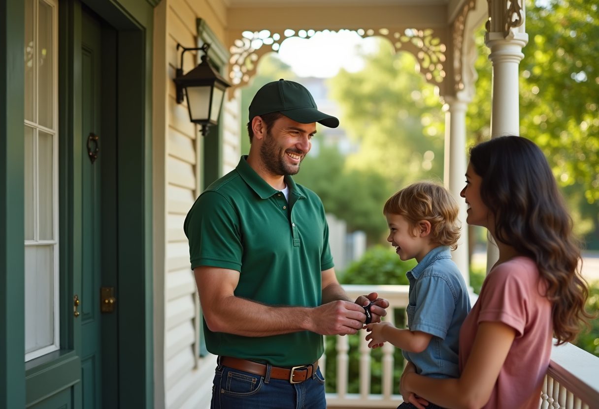 Locksmith handing new keys to a family on their verandah — Gladesville